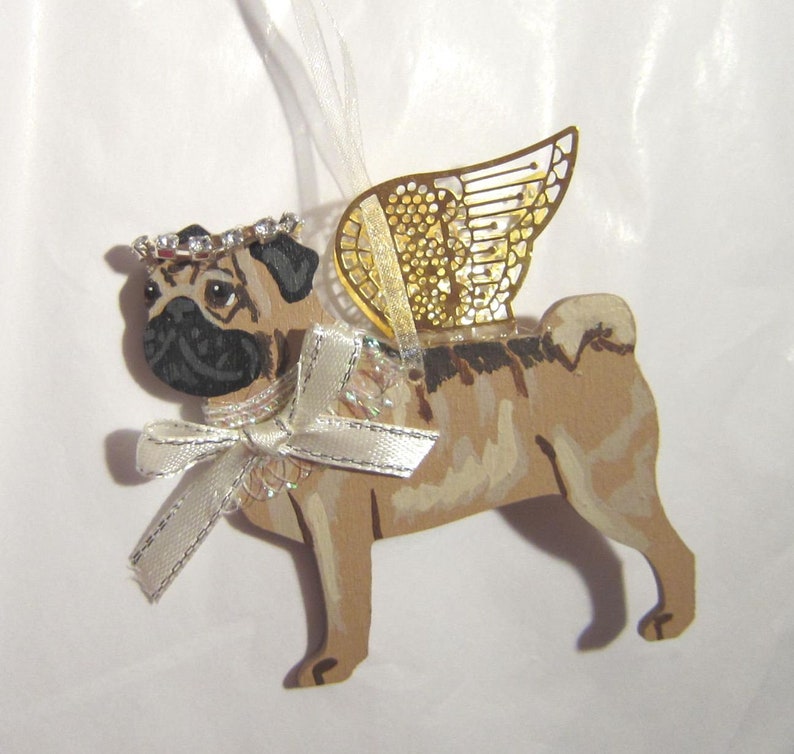 Hand-Painted PUG FAWN Metal Gold Wing Angel Wood Christmas Ornament.....Artist Original image 2