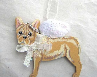 Hand-Painted FRENCH BULLDOG FAWN Feathered Wing Angel Wood Ornament...Artist Original