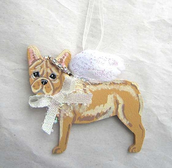 French Bulldog Ornament Angel Figurine Hand Painted Fawn
