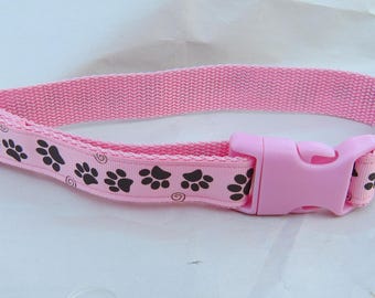 Dog Collar PAW PRINTS Brown on Pink Nylon Webbing Snap Buckle Handmade..choose size