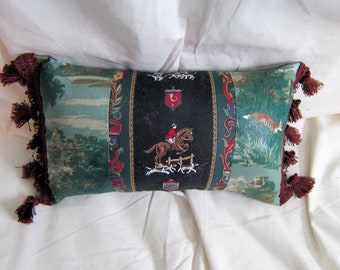 Handmade ENGLISH FOXHUNT Horse Green Oblong Pillow Quality Cotton & Upholstery Fabric...choose trim color