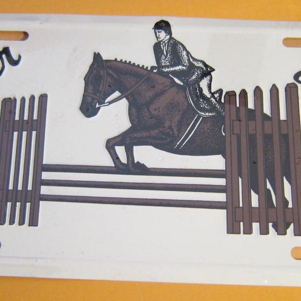 Vintage HUNTER/JUMPER Horse English Riding Embossed White Aluminum Metal License Plate from the 90's