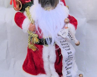 Medium ENGLISH MASTIFF Dog Santa w/sack and List Holiday Figurine 11" tall Fabric Suit