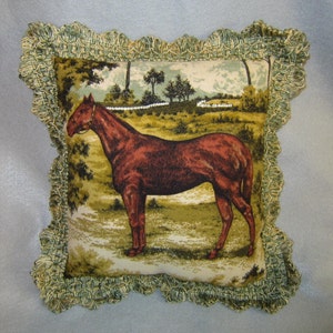 Markdown Sale...Elegant CHESTNUT HORSE in Field Pillow w/Green Scallop Fringe Trim...Quality Upholstery Fabric image 1