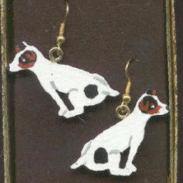Jewelry Sale... JACK RUSSELL TERRIER Sitting Wooden Dog Breed Frenchwire Dangle Earrings..choose brown or tricolor