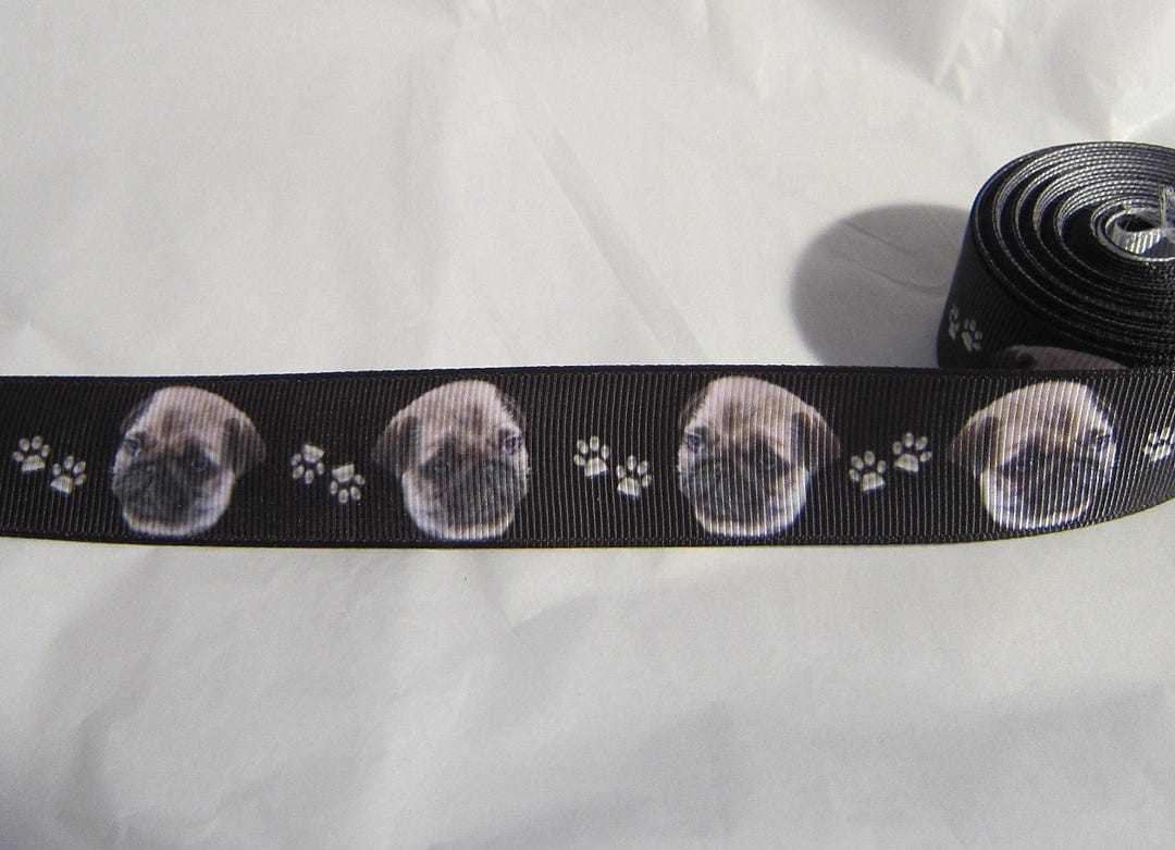 Ribbon Dog PUG Faces on Black Dog Breed Grosgrain 1