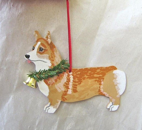 Hand-painted WELSH CORGI Fawn/white Standing Wood Christmas