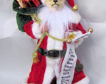 Medium CHIHUAHUA Dog Santa w/sack and List Holiday Figurine 11" tall Fabric Suit...choose fawn or tri color