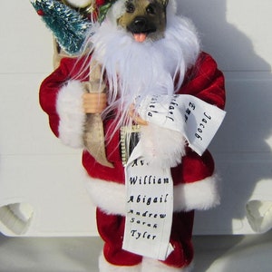 Dog Santa GERMAN SHEPHERD w/sack Standing Holiday Figurine Fabric Suit...choose size, tan/blk, white or black shepherd
