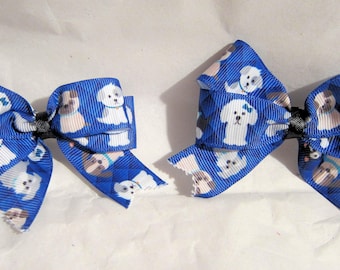 Handmade Puppies Dogs on Blue Childrens Hair Bow w/clip Grosgrain Ribbon 3" set of 2