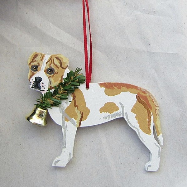 Hand-Painted PITBULL TERRIER Wht/TAN Wood Christmas Ornament...Artist Original, Christmas Tree Ornament Decoration