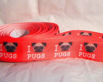 Ribbon Dog PUG on Red Dog Breed Grosgrain 7/8" Ribbon 1 yard length