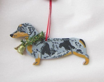 Hand-Painted DACHSHUND SILVER DAPPLE Wood Christmas Tree Ornament...choose style