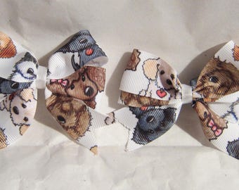 Handmade Dog Puppy Faces Childrens Hair Bow w/clip Grosgrain Ribbon 3" set of 2...choose style