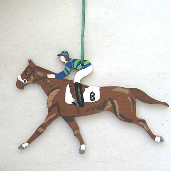 Hand-Painted Home Stretch RACE HORSE Brown Horse Wood Xmas Ornament CHOOSE Silk Colors