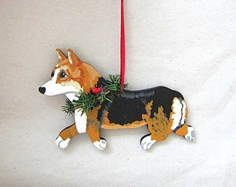 Hand-Painted WELSH CORGI TRI-Color Trotting Wood Christmas Ornament Artist Original...Nicely Painted