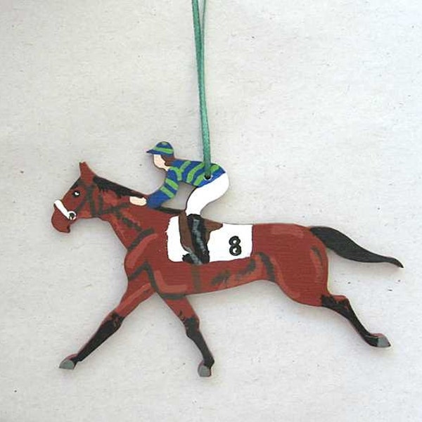 Hand-Painted Home Stretch RACE HORSE Bay Horse Wood Xmas Ornament CHOOSE Silk Colors