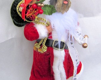 Medium SCHNAUZER Dog Santa w/sack and List Holiday Figurine 11" tall Fabric Suit