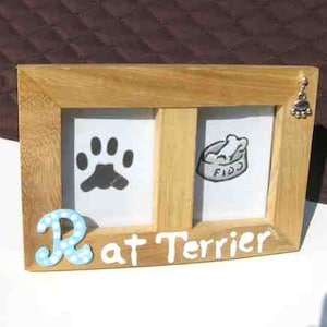 Super BLOWOUT Sale...RAT TERRIER Dog Breed Wood Desktop Double Photo Frame w/Pawprint Charm...choose Red or Blue Letter image 1