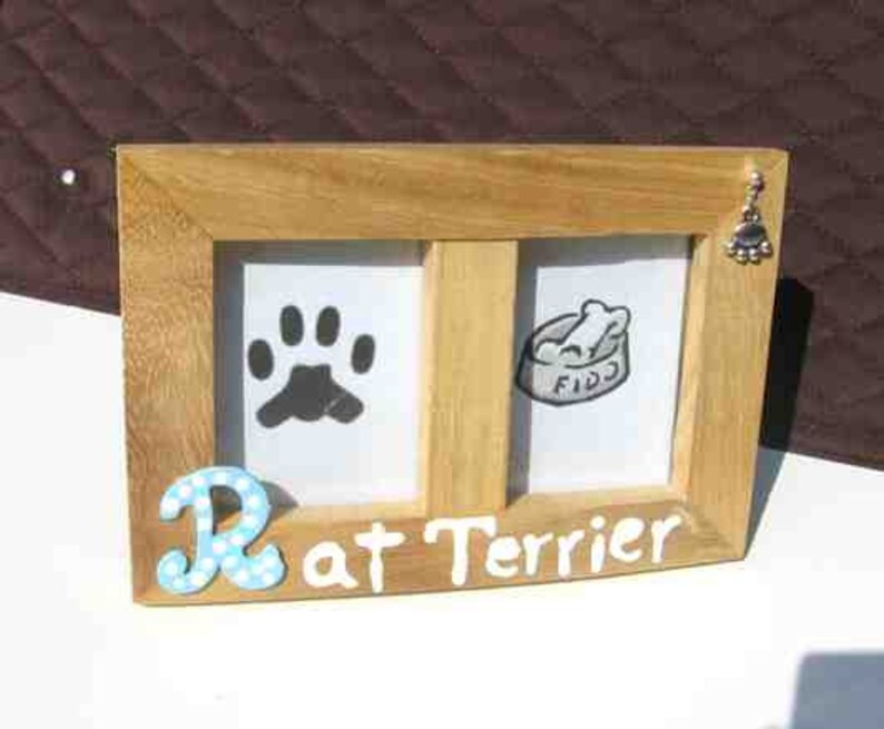 Super BLOWOUT Sale...RAT TERRIER Dog Breed Wood Desktop Double Photo Frame w/Pawprint Charm...choose Red or Blue Letter image 1