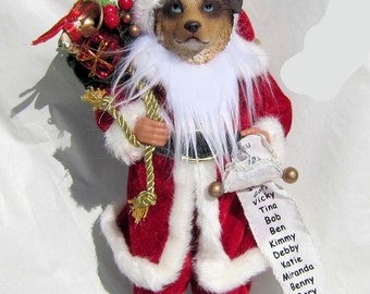 Medium AUSTRALIAN SHEPHERD RED Dog Santa w/sack and List Holiday Figurine 11" tall Fabric Suit