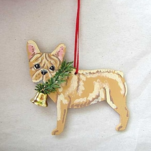 Hand-Painted FRENCH BULLDOG FAWN Wood Christmas Tree Ornament Artist Original...choose light or dark face mask