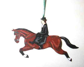 Hand-Painted SIDESADDLE HORSE/RIDER Wood Christmas Ornament...Choose Bay or Chestnut Color Horse