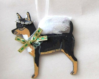 Hand-Painted CHIHUAHUA TRI COLOR Feathered Wing Angel Wood Christmas Ornament.....Artist Original