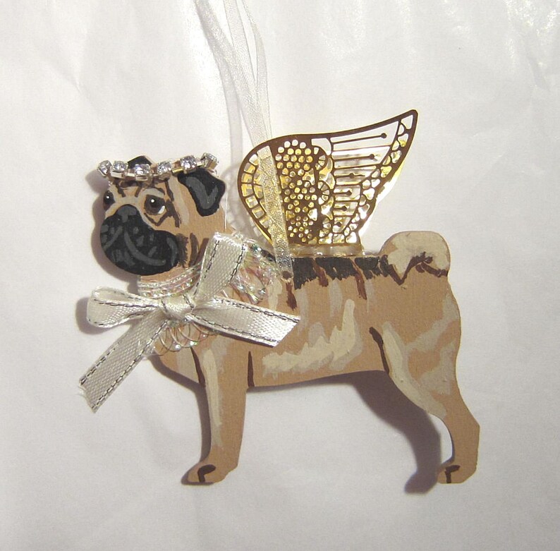 Hand-Painted PUG FAWN Metal Gold Wing Angel Wood Christmas Ornament.....Artist Original image 1