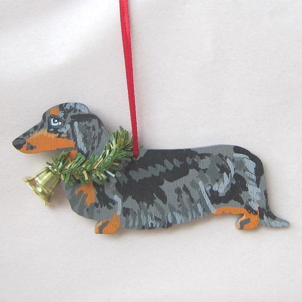 Hand-Painted DACHSHUND LH Silver DAPPLE Wood Christmas Tree Ornament Artist Original...choose style