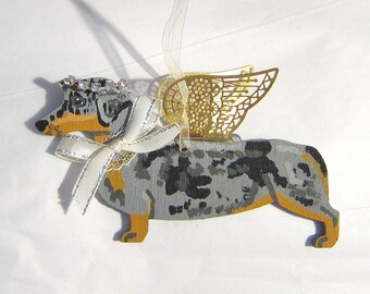 Hand-Painted DACHSHUND DAPPLE Metal Winged Angel Wood Ornament.....Artist Original