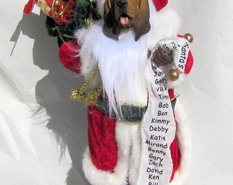 Medium BLOODHOUND Dog Santa w/sack and List Holiday Figurine 11" tall Fabric Suit