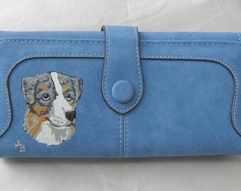 AUSTRALIAN SHEPHERD Merle Hand-painted Light Blue Faux Suede Full Size Ladies Wallet/Coin....Nicely Painted