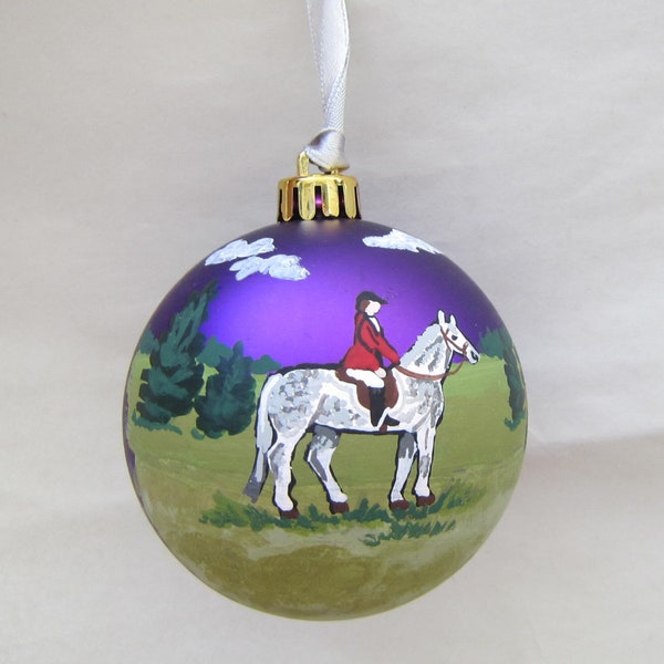 Painted Ball Scenic ENGLISH Horse/Rider GREY Horse 3" Ball Ornament...Beautifully Painted