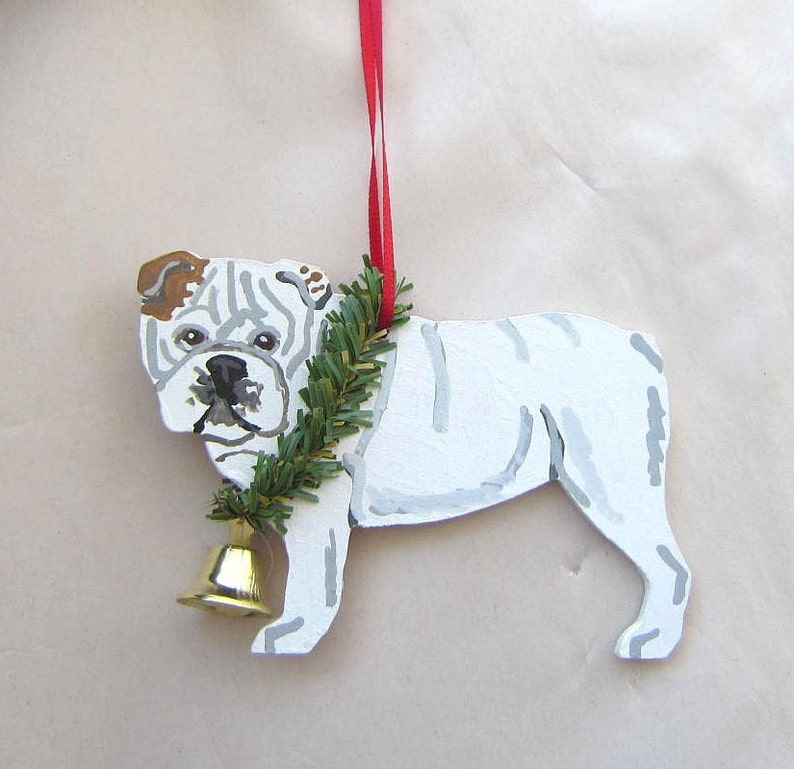 Hand-Painted ENGLISH BULLDOG WHITE Wood Christmas Tree Ornament Artist Original...Nicely Painted image 1