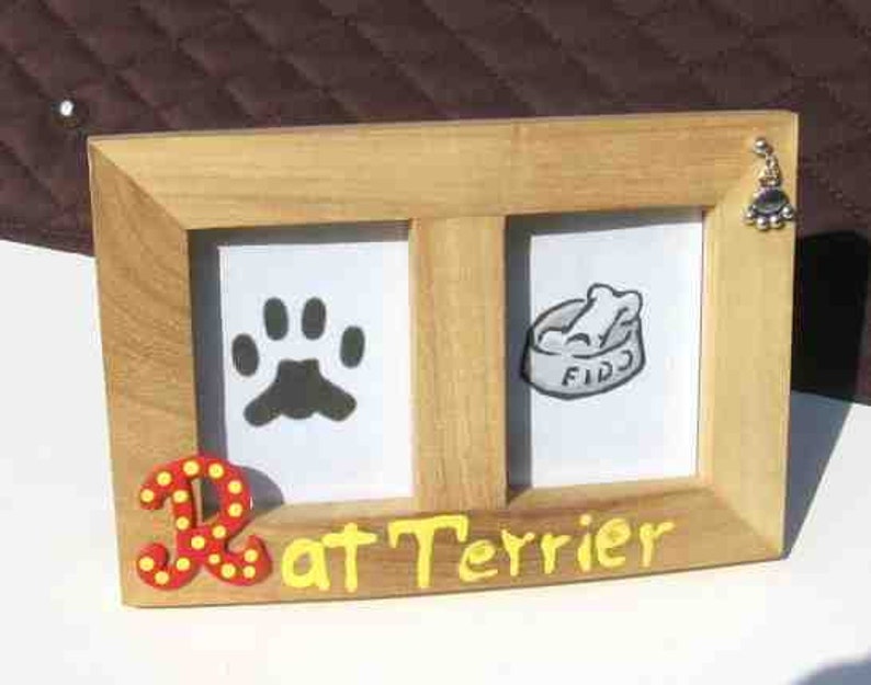 Super BLOWOUT Sale...RAT TERRIER Dog Breed Wood Desktop Double Photo Frame w/Pawprint Charm...choose Red or Blue Letter image 2