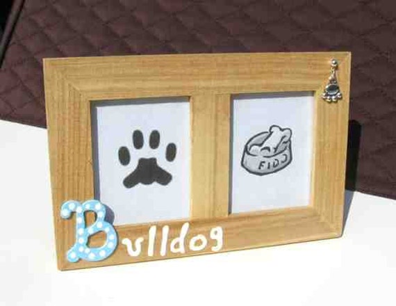 Super Blowout Sale...bulldog Dog Breed Wood Desktop Double Photo Frame W/Pawprint Charm Choose Red Or Blue Letter