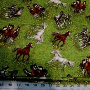 Horse Fabric HORSES in MEADOW on Green Horse Theme Cotton Fabric sold 2 yard piece