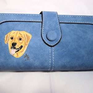 LABRADOR RETRIEVER AMARILLO Pintado a mano Azul claro Color Gamuza de tamaño completo Damas Tri-fold Wallet/Coin