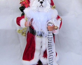 Medium POODLE Dog Santa w/sack and List Holiday Figurine 11" tall Fabric Suit