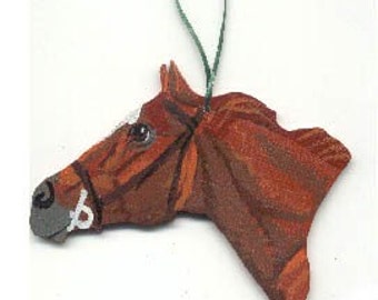 Hand-Painted English Bridled HORSE HEAD Wood Christmas Ornament.....CHOOSE Bay, Palomino or Chestnut Color Horse