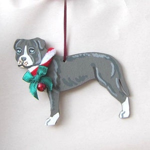 Hand-Painted PITBULL TERRIER Blue/White Wood Christmas Tree Ornament Artist Original...choose style dog with bow