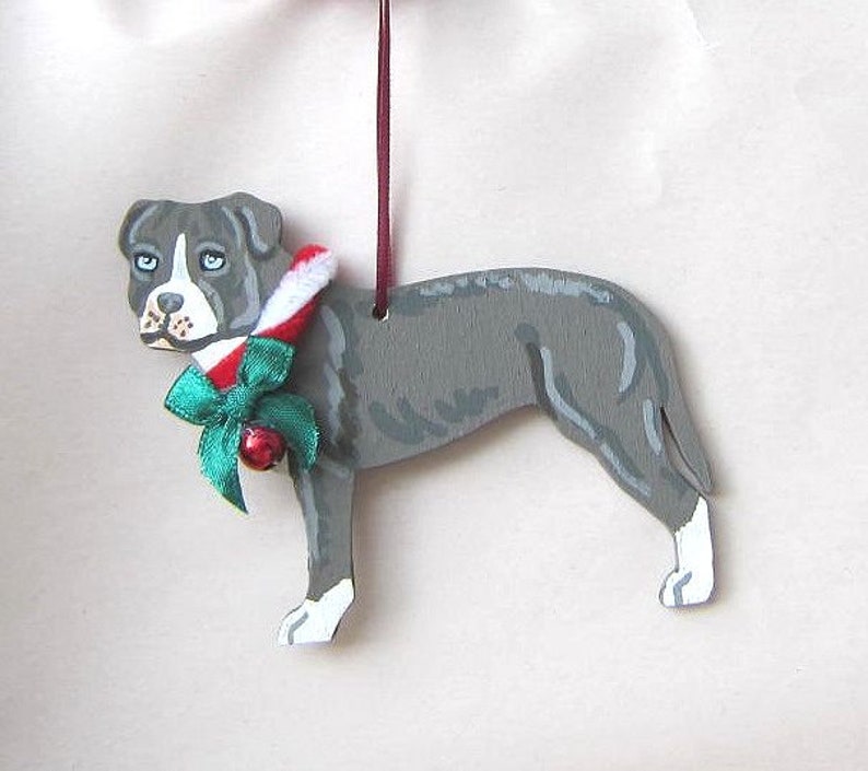 Hand-Painted PITBULL TERRIER Blue/White Wood Christmas Tree Ornament Artist Original...choose style dog with bow