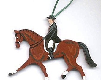 Hand-Painted DRESSAGE HORSE/RIDER Wood Christmas Ornament.....Choose Bay or Chestnut Color Horse