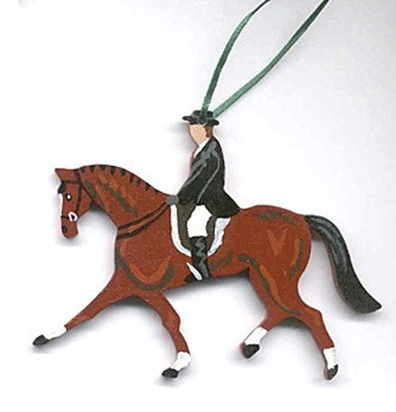 Hand-Painted DRESSAGE HORSE/RIDER Wood Christmas Ornament.....Choose Bay or Chestnut Color Horse Bild 1