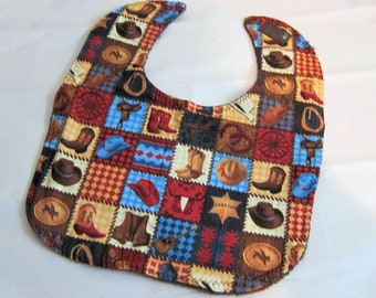 Baby Sale...HORSES Western Theme Squares Baby Bib Cotton Front/Terry Fabric Back Hook & Loop Closure Handmade...Price reduced