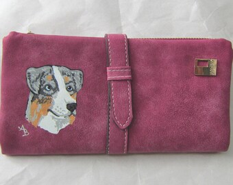 AUSTRALIAN SHEPHERD Merle Hand-painted Rose Pink Faux Suede Full Size Ladies Wallet/Coin....Nicely Painted