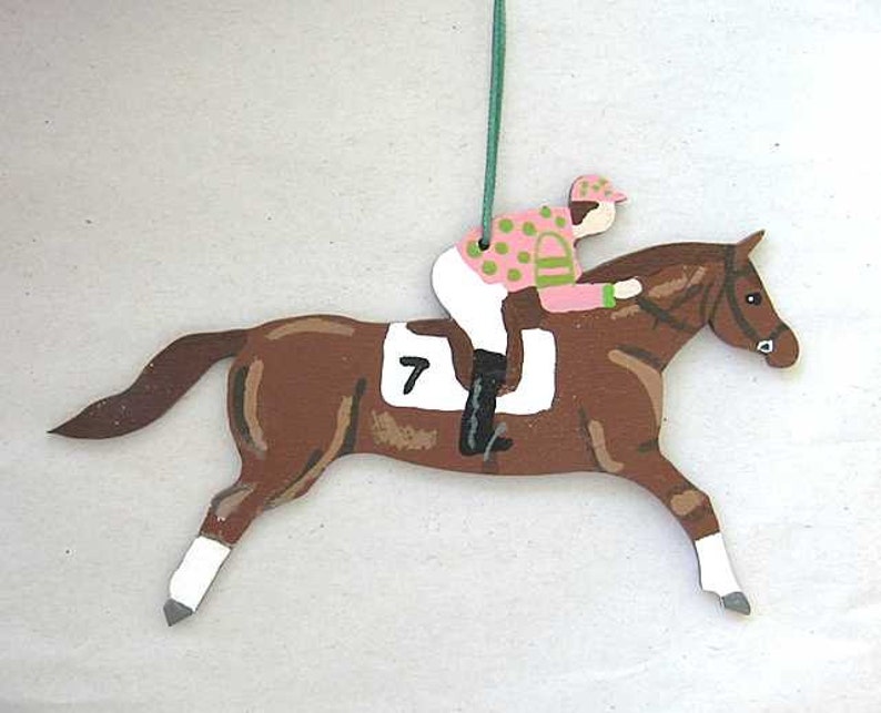 Hand-Painted Large RACE HORSE Brown Color Horse Wood Xmas Ornament Artist Original CHOOSE Silk Colors image 2