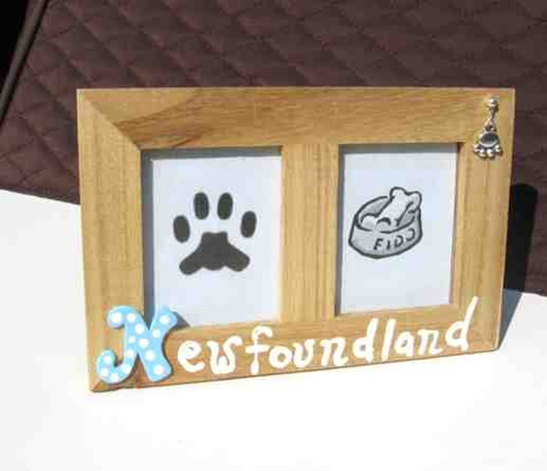 Final Markdown Sale...NEWFOUNDLAND Dog Breed Wood Desktop Double Photo Frame wPawprint Charm