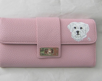 MALTESE Hand-painted Light Pink Faux Leather Full Size Ladies Wallet/Coin....Nicely Painted